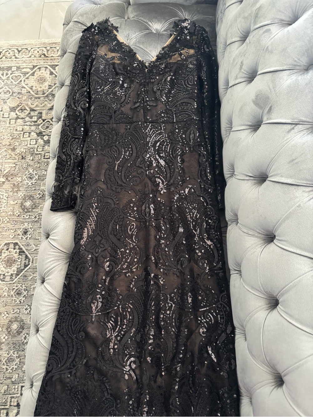 Marchesa Black Long Sleeve Sequin Lace Gown